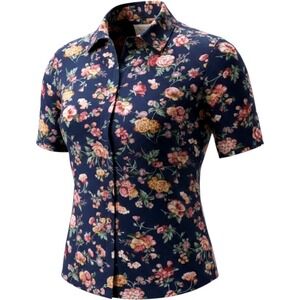 Company One Floral Button Down Shirt Women Large Navy Cotton Cottagecore VINTAGE